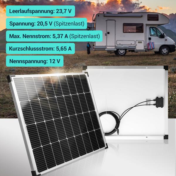 Solarpanel monokristallin 110 W (20,5V) – Solarmodul für 12V/24V Batterien, Solargeneratoren, Wohnmobil, Boot, inkl. 5m Kabel, IP65 wetterfest