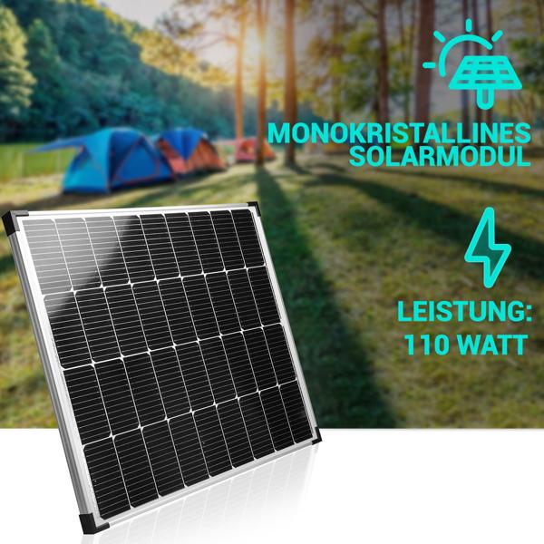 Solarpanel monokristallin 110 W (20,5V) – Solarmodul für 12V/24V Batterien, Solargeneratoren, Wohnmobil, Boot, inkl. 5m Kabel, IP65 wetterfest