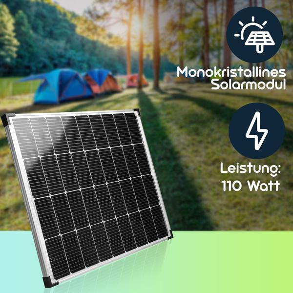 Solarpanel monokristallin 110 W (20,5V) – Solarmodul für 12V/24V Batterien, Solargeneratoren, Wohnmobil, Boot, inkl. 5m Kabel, IP65 wetterfest