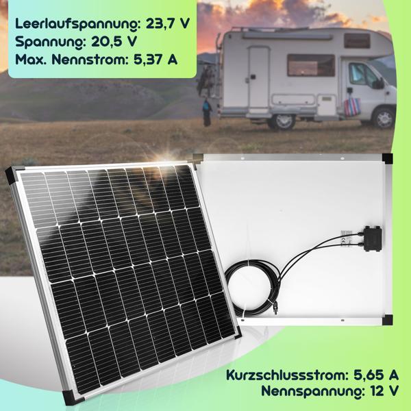 Solarpanel monokristallin 110 W (20,5V) – Solarmodul für 12V/24V Batterien, Solargeneratoren, Wohnmobil, Boot, inkl. 5m Kabel, IP65 wetterfest