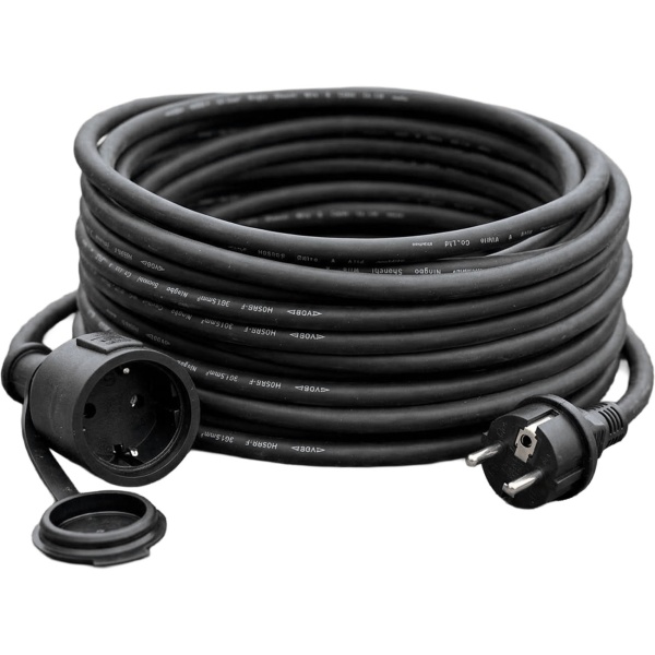 Verlängerungskabel für den Aussenbereich 25 m, H05RR-F 3G 1,5 mm², IP44, Schuko-Kupplung mit Verschlusskappe, Stromkabel max. 3500 W