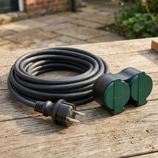 Verlängerungskabel mit 2-fach Kupplung für den Aussenbereich 5 m, H05RR-F 3G 1,5 mm², IP44, Doppelkupplung, Schuko, 16 A