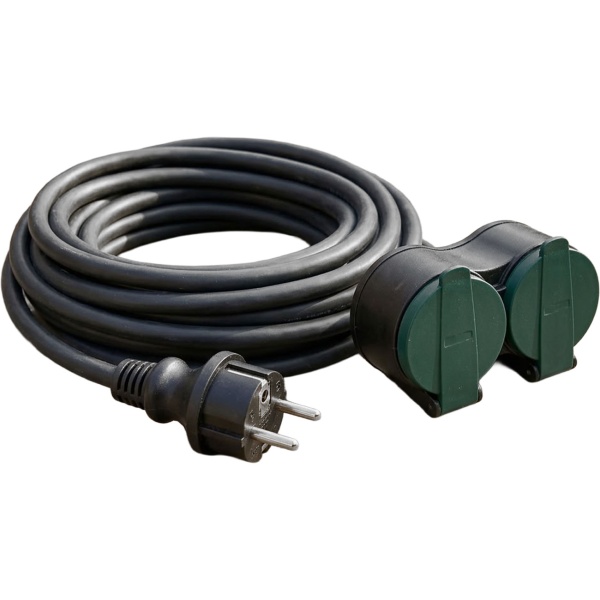 Verlängerungskabel mit 2-fach Kupplung für den Aussenbereich 5 m, H05RR-F 3G 1,5 mm², IP44, Doppelkupplung, Schuko, 16 A