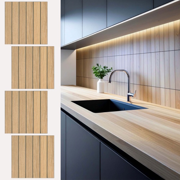 Fliesenaufkleber Selbstklebend, Holzoptik - 4 Stück, 25x25 cm SPC Wandpaneele Wasserfest - Fliesen Küche Bad Wand