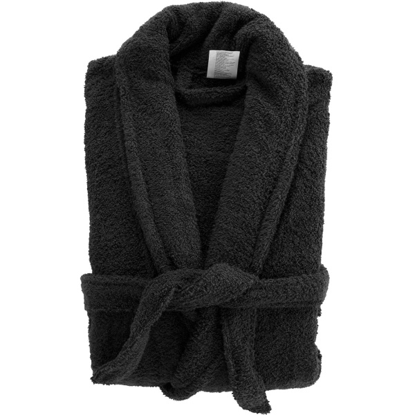 Bequemer Bademantel in Schwarz aus 100% Baumwolle und Frottier mit Schalkragen in Einheitsgrösse - als Morgenmantel für Sauna und Wellness
