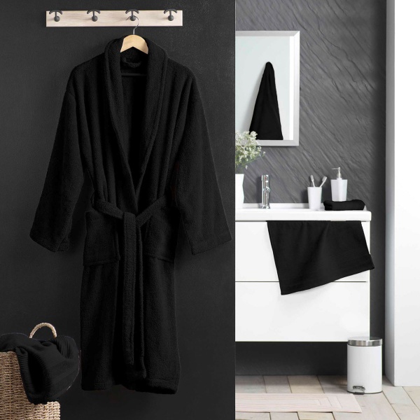 Bequemer Bademantel in Schwarz aus 100% Baumwolle und Frottier mit Schalkragen in Einheitsgrösse - als Morgenmantel für Sauna und Wellness