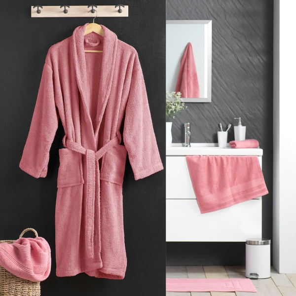 Bequemer Bademantel in Rosa aus 100% Baumwolle und Frottier mit Schalkragen in Einheitsgrösse - als Morgenmantel für Sauna und Wellness