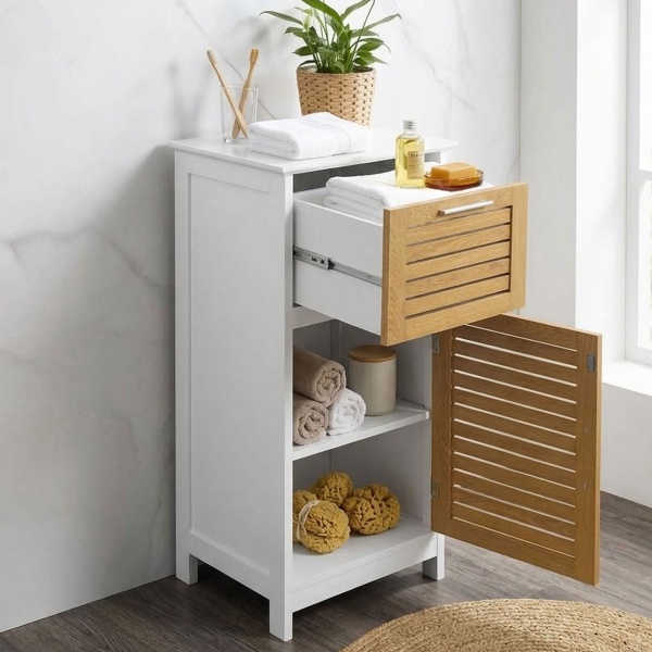 Eleganter Badschrank Weiss & Holz-Optik 83x36.5x30 cm – Moderner Badezimmerschrank & Hochschrank für Bad, Gäste-WC & Wellness-Oase