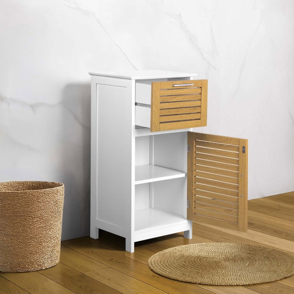Eleganter Badschrank Weiss & Holz-Optik 83x36.5x30 cm – Moderner Badezimmerschrank & Hochschrank für Bad, Gäste-WC & Wellness-Oase