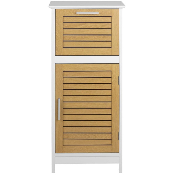 Eleganter Badschrank Weiss & Holz-Optik 83x36.5x30 cm – Moderner Badezimmerschrank & Hochschrank für Bad, Gäste-WC & Wellness-Oase