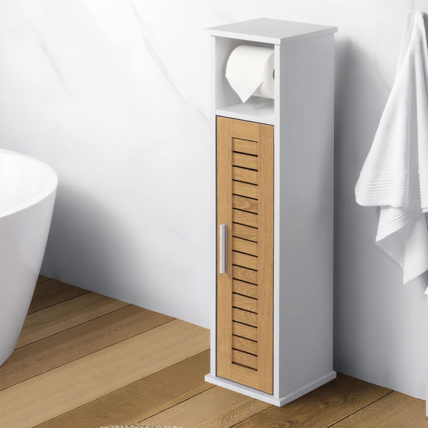 Toilettenpapier Schrank 75x18x18 cm aus MDF in Weiss: Schmaler Badschrank & WC Papier Halter stehend für die Nische zur Aufbewahrung