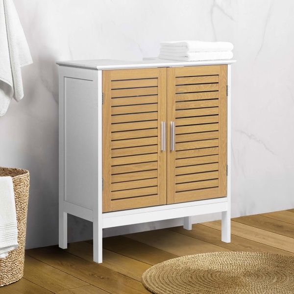 Eleganter Waschtischunterschrank Weiss & Holz-Optik: Badschrank aus MDF, moderner Waschbeckenunterschrank & Badezimmerschrank mit Türen