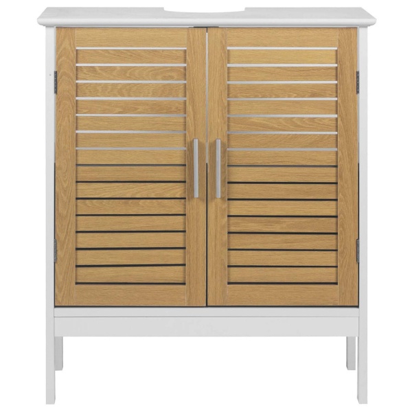 Eleganter Waschtischunterschrank Weiss & Holz-Optik: Badschrank aus MDF, moderner Waschbeckenunterschrank & Badezimmerschrank mit Türen