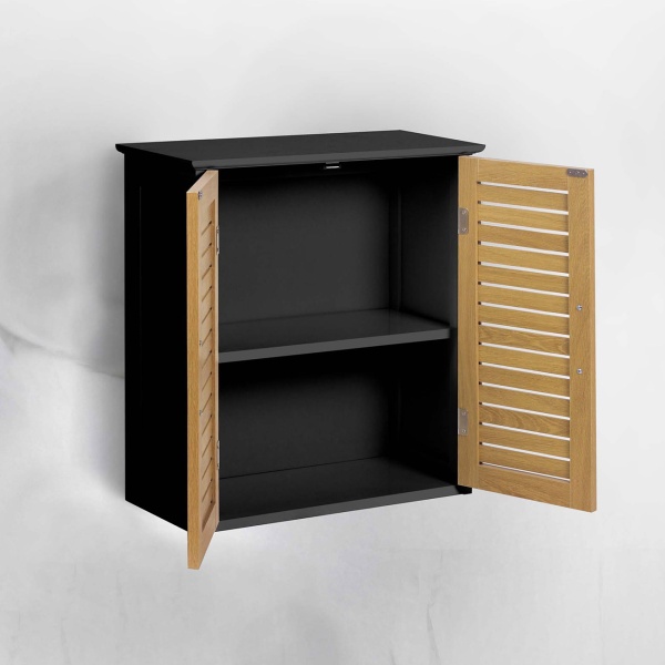 Schöner Wandschrank in Schwarz & Holzoptik für Bad und Küche: Kompakter Wandregal & Medizinschrank als praktischer Hängeschrank