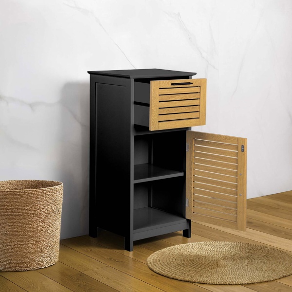 Eleganter Badschrank Schwarz & Holz-Optik 83x36.5x30 cm – Moderner Badezimmerschrank & Hochschrank für Bad, Gäste-WC & Wellness-Oase