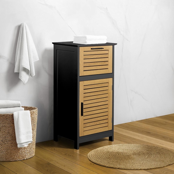 Eleganter Badschrank Schwarz & Holz-Optik 83x36.5x30 cm – Moderner Badezimmerschrank & Hochschrank für Bad, Gäste-WC & Wellness-Oase