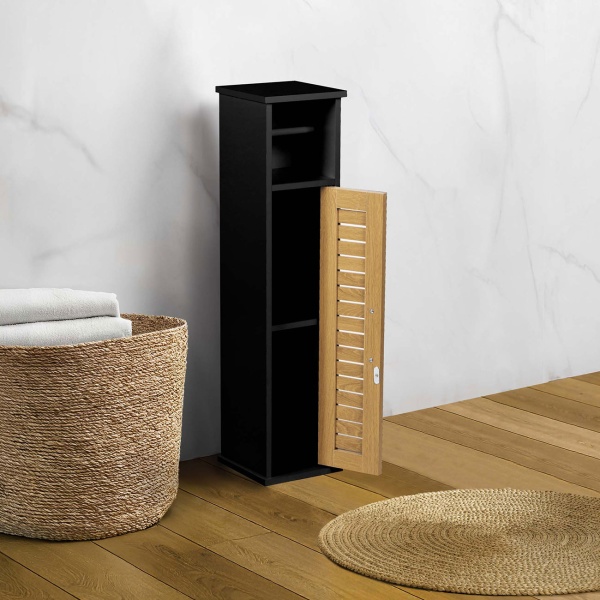 Toilettenpapier Schrank 75x18x18 cm aus MDF in Schwarz: Schmaler Badschrank & WC Papier Halter stehend für die Nische zur Aufbewahrung