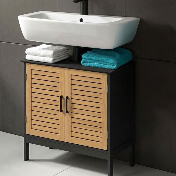 Eleganter Waschtischunterschrank Schwarz & Holz-Optik: Badschrank aus MDF, moderner Waschbeckenunterschrank & Badezimmerschrank mit Türen