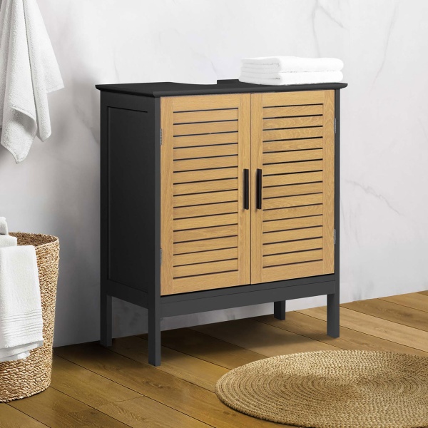 Eleganter Waschtischunterschrank Schwarz & Holz-Optik: Badschrank aus MDF, moderner Waschbeckenunterschrank & Badezimmerschrank mit Türen