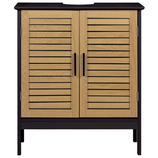 Eleganter Waschtischunterschrank Schwarz & Holz-Optik: Badschrank aus MDF, moderner Waschbeckenunterschrank & Badezimmerschrank mit Türen