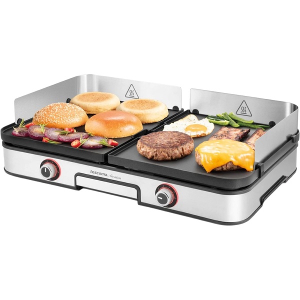 Elektrischer Barbecue-Grill mit 2 getrennten Grillzonen, Beidseitige Wendegrillplatten, Edelstahl Windschutz & Fettauffangschale, 2 Zonen Tischgrill