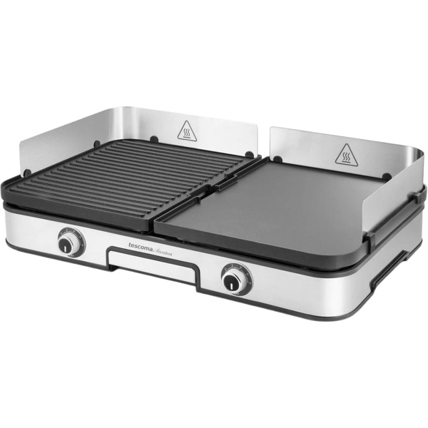 Elektrischer Barbecue-Grill mit 2 getrennten Grillzonen, Beidseitige Wendegrillplatten, Edelstahl Windschutz & Fettauffangschale, 2 Zonen Tischgrill