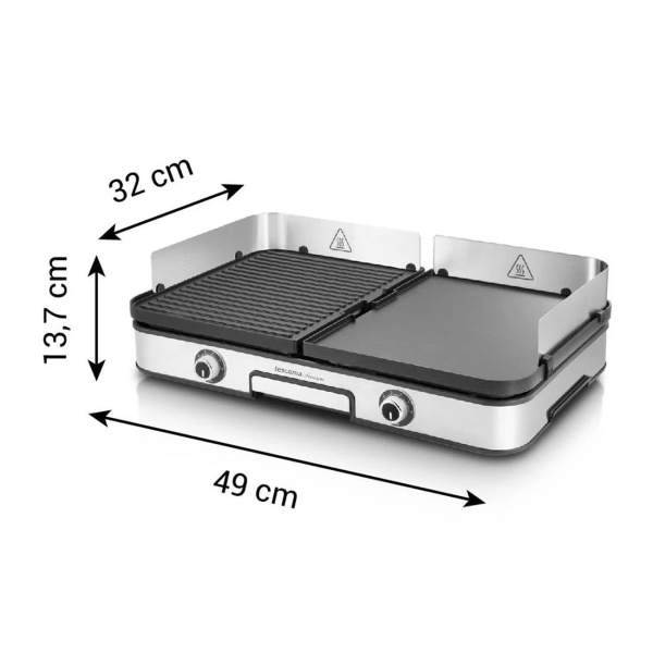 Elektrischer Barbecue-Grill mit 2 getrennten Grillzonen, Beidseitige Wendegrillplatten, Edelstahl Windschutz & Fettauffangschale, 2 Zonen Tischgrill