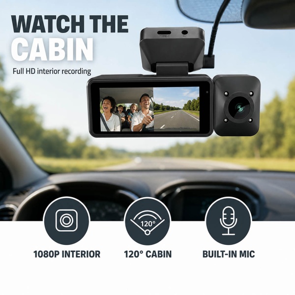 Dashcam 4K mit Innenraumkamera und GPS, Dual Autokamera vorne und innen mit 3,16 Zoll Display, WLAN, Nachtsicht, Parkmodus, Loop-Aufnahme, schwarz