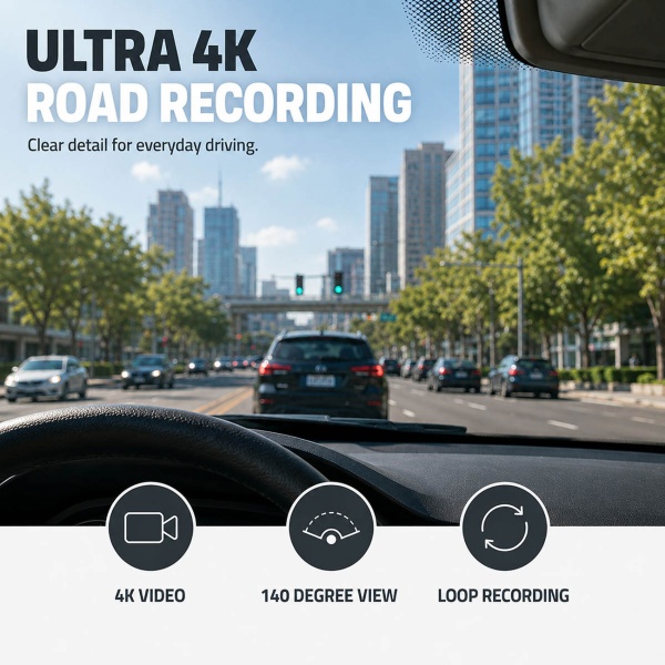 Dashcam 4K mit GPS und WLAN, kompakte Autokamera ohne Display mit 140° Weitwinkel, Nachtsicht, Parkmodus, Loop-Aufnahme und App-Steuerung, schwarz