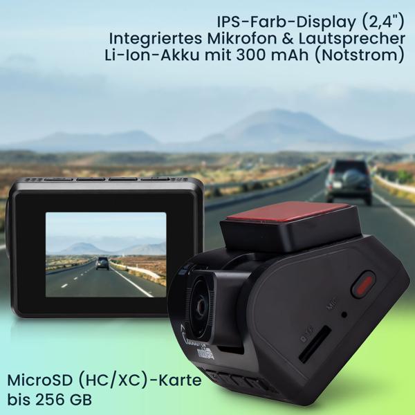 Dashcam 4K-UHD KFZ mit GPS, Autokamera -  Nachtsicht in Farbe, Sony Farbsensor, G-Sensor, WDR Wide Dynamic Range, WLAN & App, FarbDisplay, 140°