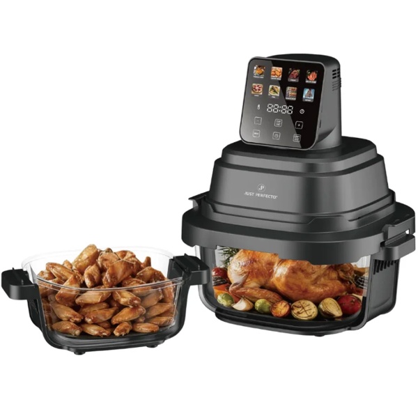 Heissluftfritteuse mit 2 Glasbehältern 1,5 L & 4 L, 1500 W, Luftfritteuse ohne Öl mit voller Sicht, 80–200 °C, 60 Min. Timer, Cool-Touch, Schwarz