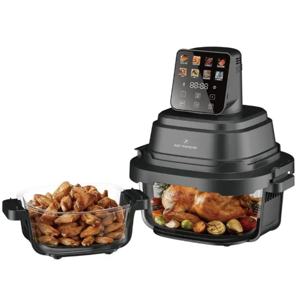 Heissluftfritteuse mit 2 Glasbehältern 1,5 L & 4 L, 1500 W, Luftfritteuse ohne Öl mit voller Sicht, 80–200 °C, 60 Min. Timer, Cool-Touch, Schwarz