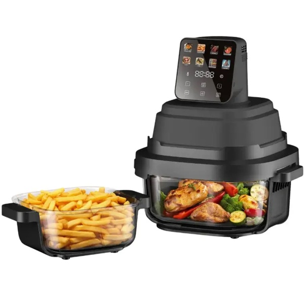 Heissluftfritteuse mit 2 Glasbehältern 1,5 L & 4 L, 1500 W, Luftfritteuse ohne Öl mit voller Sicht, 80–200 °C, 60 Min. Timer, Cool-Touch, Schwarz