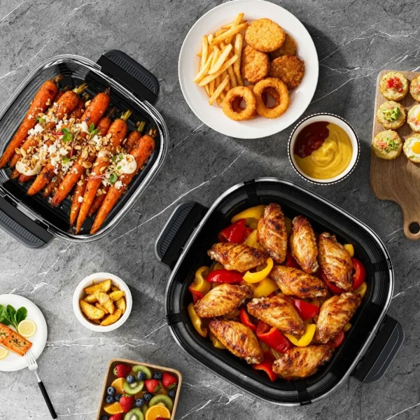 Heissluftfritteuse mit 2 Glasbehältern 1,5 L & 4 L, 1500 W, Luftfritteuse ohne Öl mit voller Sicht, 80–200 °C, 60 Min. Timer, Cool-Touch, Schwarz