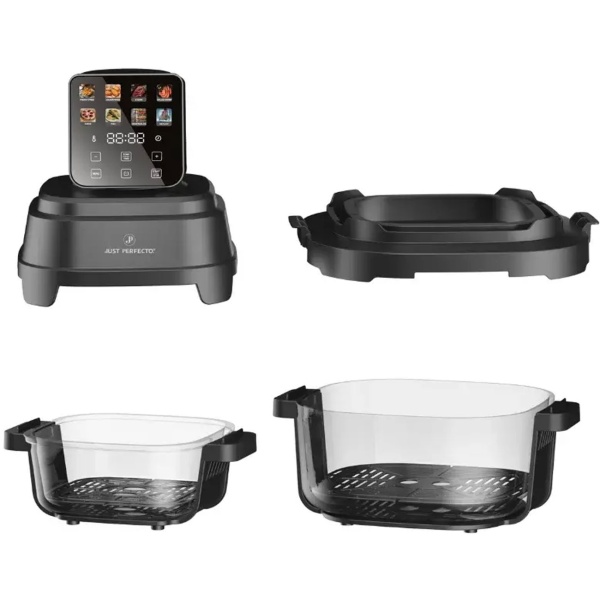 Heissluftfritteuse mit 2 Glasbehältern 1,5 L & 4 L, 1500 W, Luftfritteuse ohne Öl mit voller Sicht, 80–200 °C, 60 Min. Timer, Cool-Touch, Schwarz