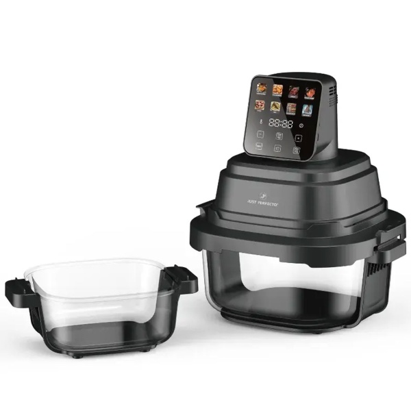 Heissluftfritteuse mit 2 Glasbehältern 1,5 L & 4 L, 1500 W, Luftfritteuse ohne Öl mit voller Sicht, 80–200 °C, 60 Min. Timer, Cool-Touch, Schwarz