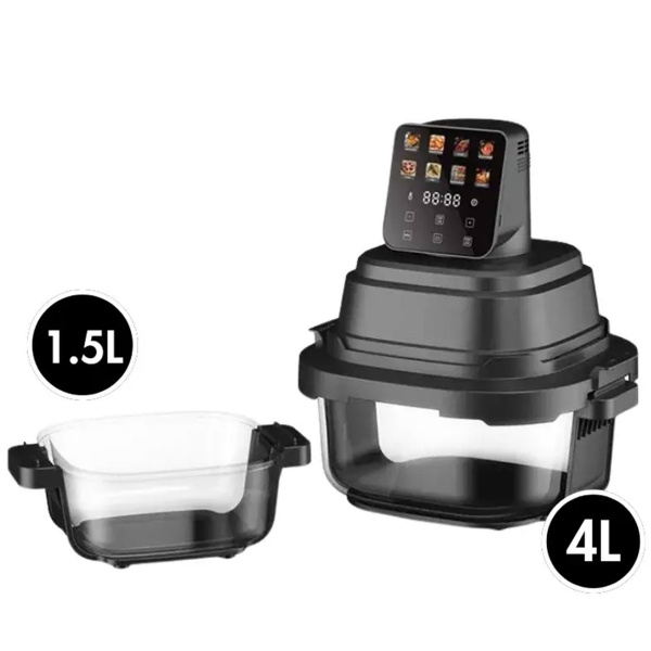 Heissluftfritteuse mit 2 Glasbehältern 1,5 L & 4 L, 1500 W, Luftfritteuse ohne Öl mit voller Sicht, 80–200 °C, 60 Min. Timer, Cool-Touch, Schwarz