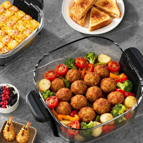 Heissluftfritteuse mit 2 Glasbehältern 1,5 L & 4 L, 1500 W, Luftfritteuse ohne Öl mit voller Sicht, 80–200 °C, 60 Min. Timer, Cool-Touch, Schwarz