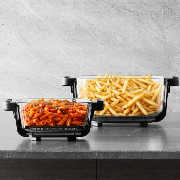 Heissluftfritteuse mit 2 Glasbehältern 1,5 L & 4 L, 1500 W, Luftfritteuse ohne Öl mit voller Sicht, 80–200 °C, 60 Min. Timer, Cool-Touch, Schwarz