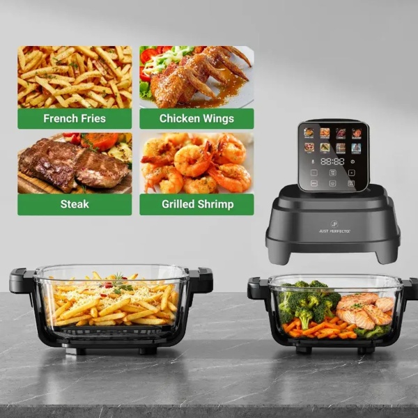 Heissluftfritteuse mit 2 Glasbehältern 1,5 L & 4 L, 1500 W, Luftfritteuse ohne Öl mit voller Sicht, 80–200 °C, 60 Min. Timer, Cool-Touch, Schwarz