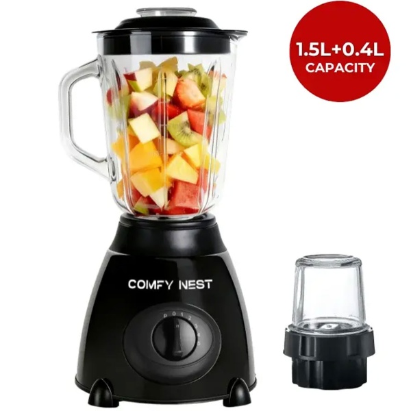 Glas-Standmixer mit Mahlwerk, 800 W, Mixbecher 1,5 L & Mahlbecher 0,4 L, 5 Geschwindigkeiten, Pulsfunktion, Eiscrusher, Edelstahlgehäuse, Schwarz