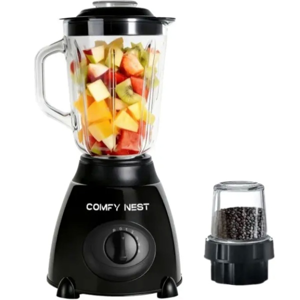 Glas-Standmixer mit Mahlwerk, 800 W, Mixbecher 1,5 L & Mahlbecher 0,4 L, 5 Geschwindigkeiten, Pulsfunktion, Eiscrusher, Edelstahlgehäuse, Schwarz
