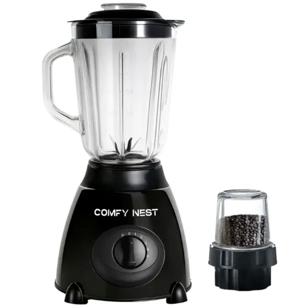 Glas-Standmixer mit Mahlwerk, 800 W, Mixbecher 1,5 L & Mahlbecher 0,4 L, 5 Geschwindigkeiten, Pulsfunktion, Eiscrusher, Edelstahlgehäuse, Schwarz