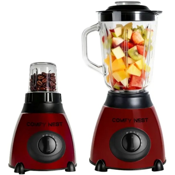 2-in-1 Standmixer mit Glasbehälter 1,5 L und Mühle 0,4 L, 800 W, 5 Stufen & Pulsfunktion, Eis crushen, Gewürz- & Kaffeemühle, Edelstahl, Rot