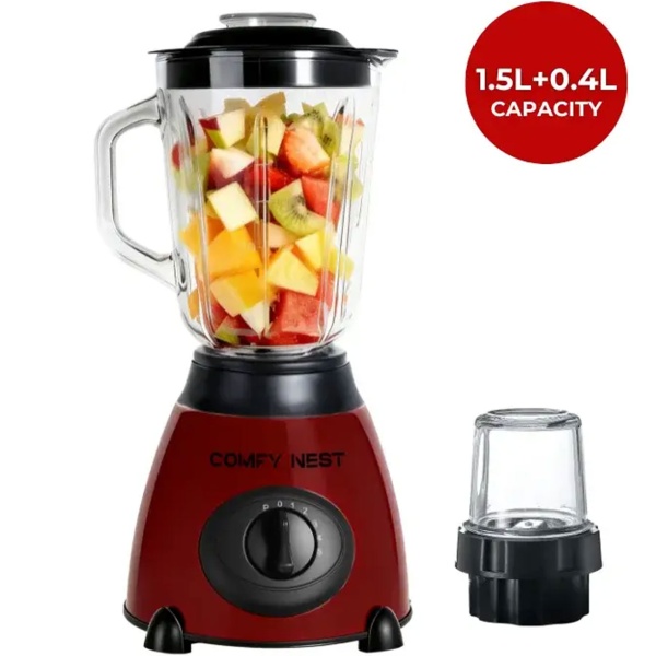 2-in-1 Standmixer mit Glasbehälter 1,5 L und Mühle 0,4 L, 800 W, 5 Stufen & Pulsfunktion, Eis crushen, Gewürz- & Kaffeemühle, Edelstahl, Rot