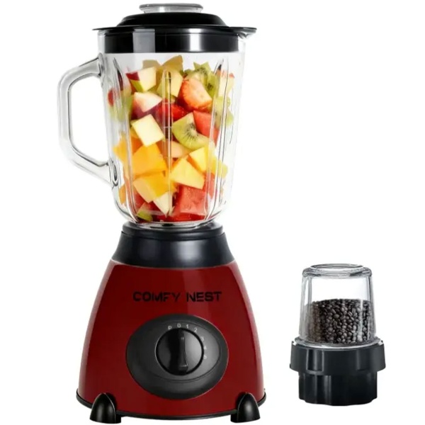 2-in-1 Standmixer mit Glasbehälter 1,5 L und Mühle 0,4 L, 800 W, 5 Stufen & Pulsfunktion, Eis crushen, Gewürz- & Kaffeemühle, Edelstahl, Rot