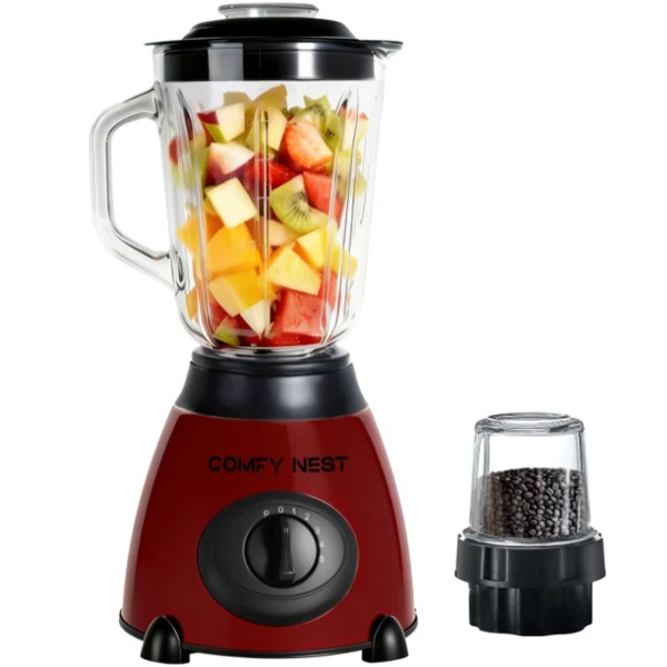 2-in-1 Standmixer mit Glasbehälter 1,5 L und Mühle 0,4 L, 800 W, 5 Stufen & Pulsfunktion, Eis crushen, Gewürz- & Kaffeemühle, Edelstahl, Rot