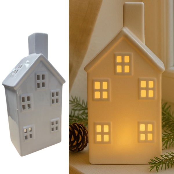 Dekohaus aus Keramik für Teelicht: Elegantes Windlicht in Weiss Hochglanz als moderne Tischdeko und stimmungsvolle Weihnachtsdeko