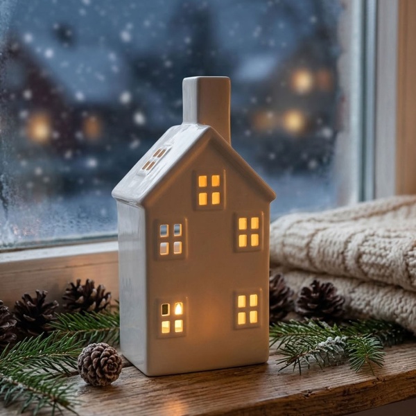 Dekohaus aus Keramik für Teelicht: Elegantes Windlicht in Weiss Hochglanz als moderne Tischdeko und stimmungsvolle Weihnachtsdeko