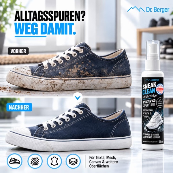 Schuhreiniger Spray 100 ml für Sneaker, Schuhe und Pumps, Sneaker Reiniger für Textil, Leder, Mesh und Canvas, entfernt Schmutz und Flecken in 60 Sekunden